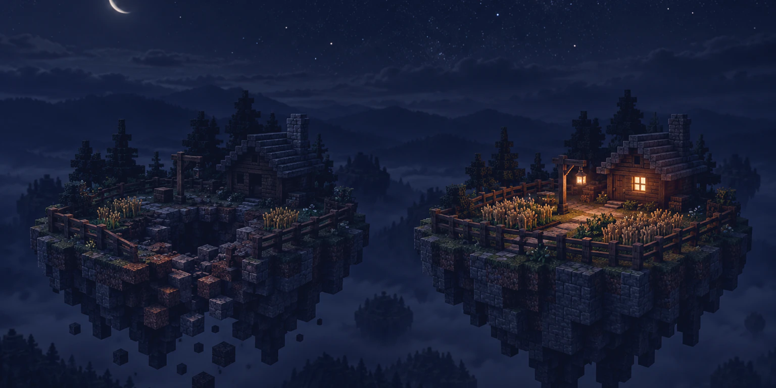 Two copies of the same floating island at night. On the left the house is dark and the garden is torn apart; on the right a lantern is lit and everything is intact.